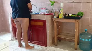Chubby Stepmother Washes and Cleans the Kitchen