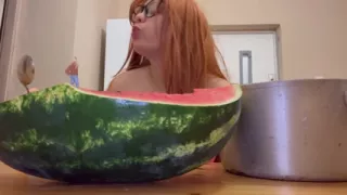 Giantess Stepsister Eats Watermelon and Is Really Horny While Tiny Stepbrother Watches Giantess Stepsister Eat