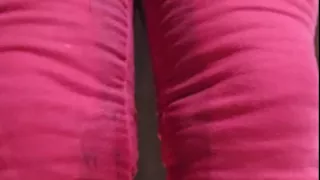 Satisfying soaking of red skinny jeans