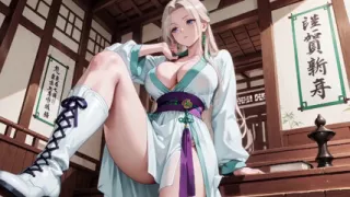 White Kimono Maid! Kneeling in the Japanese Corridor, Huge Slit Revealing Wet Thighs Under the Sun.