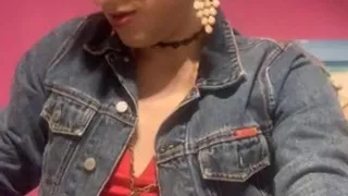 Cute Latina Transgirl in Fishnets & Red Heels Puts On Small Pink Leashed Chastity & Sucks Dildo, As Usual
