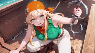 Blonde Pirate Captain! Green Uniform & Rough Ropes on a Sunny Deck. Languid Poses, Long Legs Exposed, and That Teasing Gaze