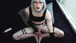 can you last longer than me? blue hair goth femboy 29min edging challenge - quivering load on feet in fishnets