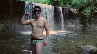 Muscular Asian Hunk Flexes in Speedo by Waterfall - Tight Ass & Hole Tease, Strips Naked & Explodes with Massive Cumshot