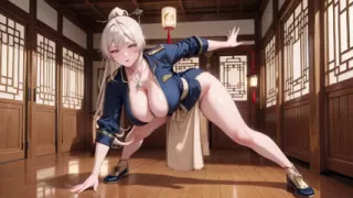 Blonde Samurai in Deep Blue Do-over! Kneeling in the Japanese Corridor, Showing off Her Tender Ass