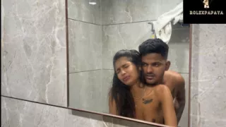 The guy had great sex with the girlThey went from the bathroom to the bed.