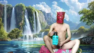 Masturbating with a dildo made from a bottle, used under a waterfall.