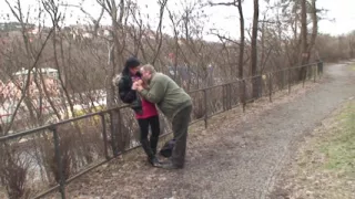 It's cold in the park and the young brunette with small natural tits gets warmed up by an old man and swallows all the cum