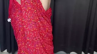 Gorgeous sexy red saree wearing like my stepmom sexy figur