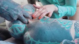 Heavy tattooed couple fuck a girl in her ASS