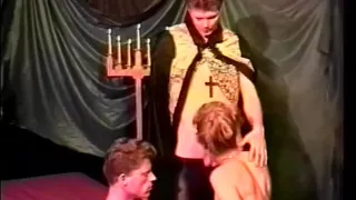 Bisexual guys sharing one pussy on the bed and stroke dick and cum