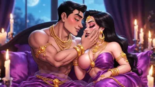 Erotic Fantasy Romance - Golden Jewelry Couple Deep Kissing & Bed Play