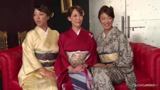 Passionate individuals of Asian descent engage in group sexual activities while wearing traditional kimonos, culminating in prof