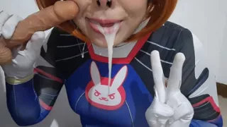 Full Version: Femboy with Dva Cosplay and BDSM Nosehook Giving a Blowjob, Eating Cum and Deepthroat to Big Dildo