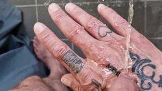 In the bathroom I give myself a golden shower on my hand, then and cum nicely