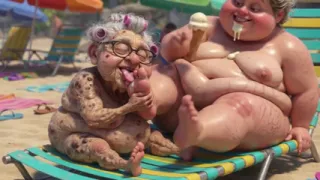 Elderly Granny Passionately Sucking BBW Feet on the Beach