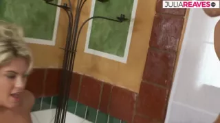 Blonde babe gags on a monster dick then ride it to pussy cumshot