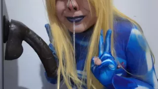 Cute Samus Femboy with BDSM Nosehook giving a Sloppy Blowjob to BBC Dildo, Deepthroat, Facial Fuck and Eating Semen