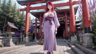 Red-haired Kimono Goddess! Kneeling Under the Sacred Torii Gate, She Adjusts Her Soaked Backless Outfit with a Shy Gaze.