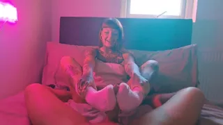 Pink Fluffy Sockjob Ends with Cum on Socks