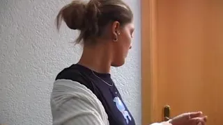 Small titted brunette chick fingers her shaved pussy