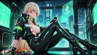 Neon Rain Night! Blonde Agent in Wet Leather Crouching Low, Holographic Glow & Cold Glances.