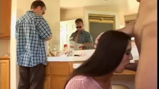 Brunette takes dude's cock uo her ass while sucking off two other dudes