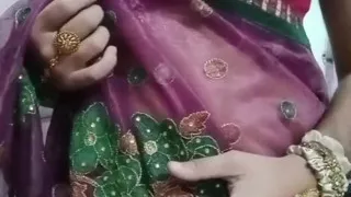 Indian Gay Crossdresser Bottom Gaurisissy Pressing and Playing with Her Big Boobs in Purple Saree with Heavy Jwellery