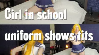 Girl in college uniform shows tits