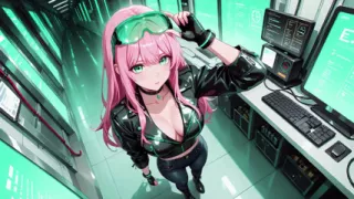 Pink-Haired Leather Tech! Private vibes in a neon-lit cyber corridor.