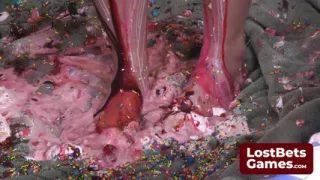 Four lesbians playing strip facial with messy food play