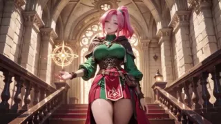 The Pink-haired Mage's Seduction! Kneeling on Soft Sheets in Her Green Bodysuit, She Bites Her Lip with a Gaze