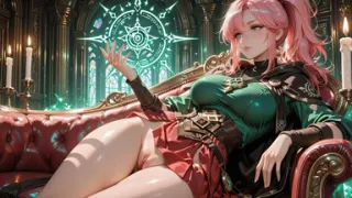 Deep Squat Teasing Under the Giant Magic Array, Green Battle Gear Stretched Tight.
