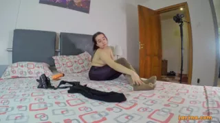 Sexy midget touching herself in sheer pantyhose
