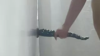 Whore in the mood for an anal uses giant dildo