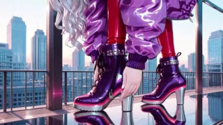 Teasing in a purple bodysuit on the skyscraper balcony, pulling down her collar to reveal inner layers.
