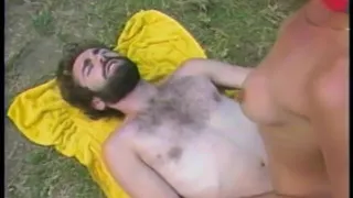 Hairy stud fucks brunette hotties warm wet mouth with his hard cock