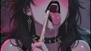 Dark anime woman in bar at billiards, rocker leather
