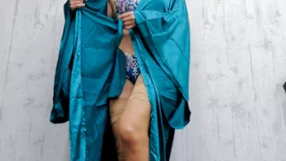 Japanese Wife in Satin Robe and Lingerie