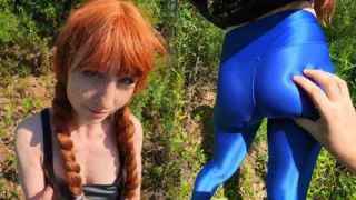 "What If Someone Sees Us?" Tiny Redhead in Tight Blue Leggings Lures Me Deep into the Woods for Her First Outdoor Fuck