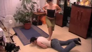 Angry gf punishes slave bf