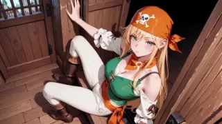 Blonde Pirate Captain! Green Uniform & Rough Ropes on a Sunny Deck. Languid Poses, Long Legs Exposed, and That Teasing Gaze