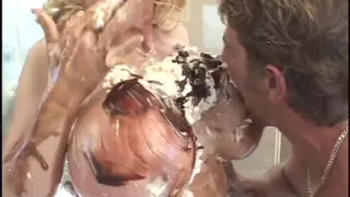 Huge boobs blonde gets a blast of jizz on her jumbos after foam games