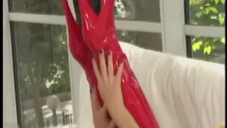 Scorching bitches in latex and fishnets strip for hot lesbian sex
