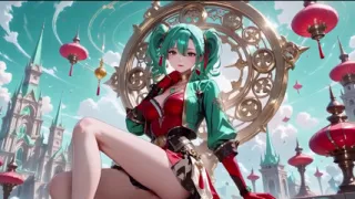 Green-haired warrior in a black-red battle robe, commanding yet shy on the floating terrace.