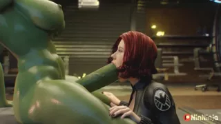 Black Widow blows She Hulk's massive cock and gets fucked in the hard with it