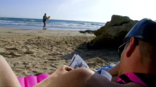Young girl sunbathing on the beach, picked up and fucked by two men