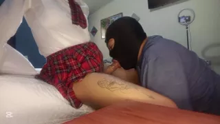 Skinny blonde shemale schoolgirl gets her math teacher to suck