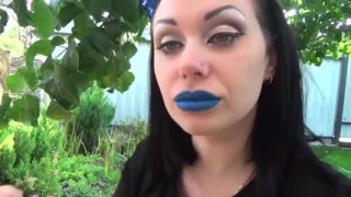 Covering Alex with blue shiny lipstick kisses all over his face outdoor! + Little tongue play!