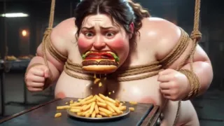Tied up SSBBW Eats Massive Meal While Kneeling - Belly Stuffing